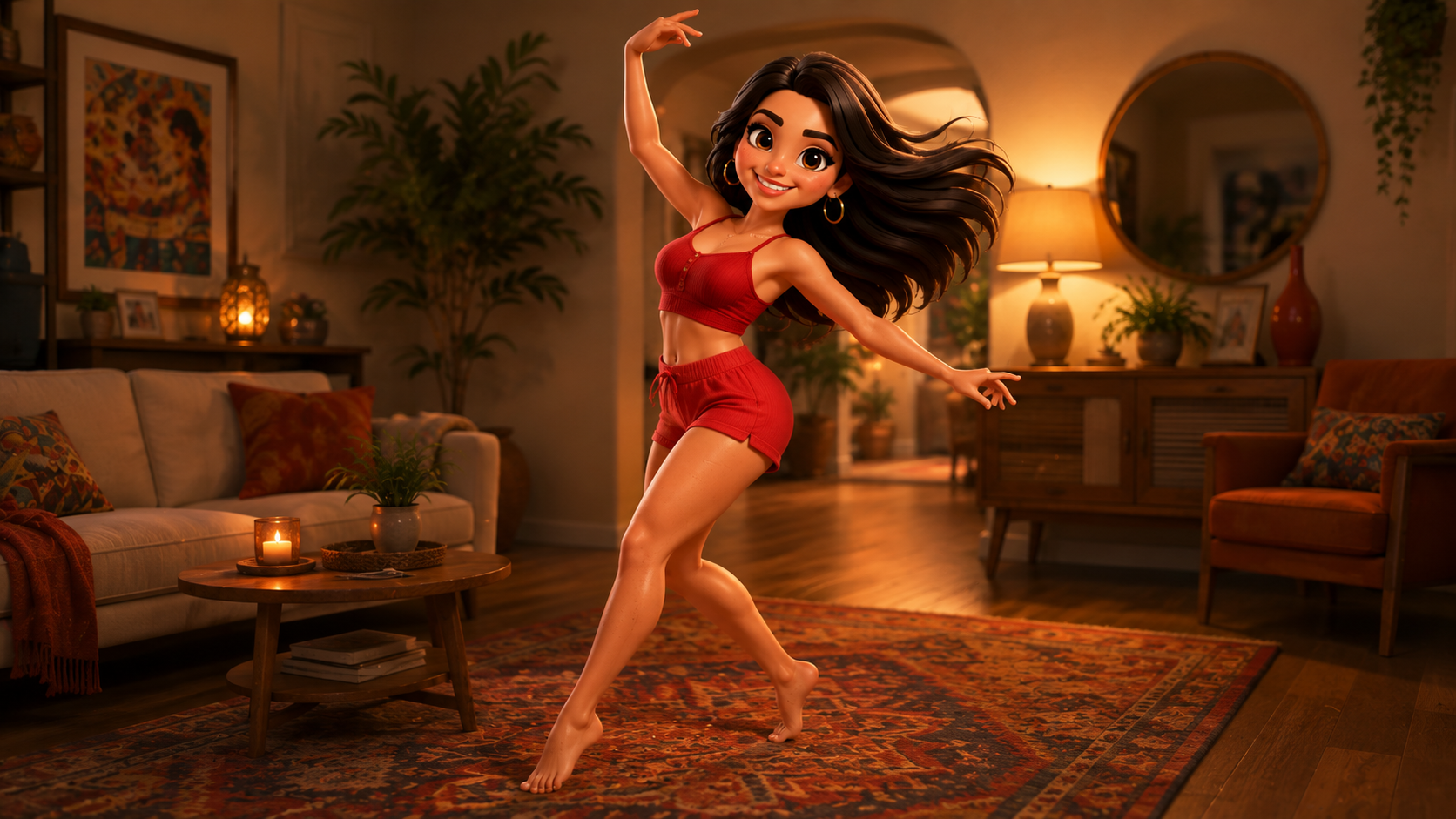 Mujer bailando de noche en su casa
